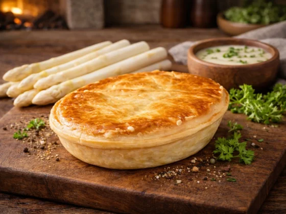 Pauls Pie asperge kip met witte asperge en hollandaise saus in knapperig bladerdeeg