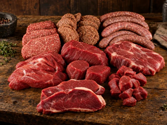 Rauw assortiment uit het Wildrundvlees pakket met steaks, vleesblokjes, burgers en worsten