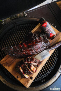 Spareribs 3-2-1 recept | Spareribt met ketting | BBQuality Pork rub | BBQuality The Original | Aluminiumfolie | Siliconen bakkwast | Spareribs rek | Rook kers | BBQuality