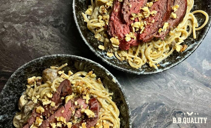 Pasta gorgonzola met gegrilde bavette recept | Jasper Oostra | Maanvlees | La Finca | Uruguay | BBQuality