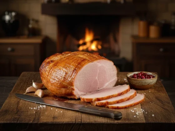 Beenham gegaard gesneden met cranberry saus