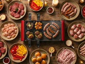 Rijkgevulde tafel met gourmetstel en diverse soorten vlees - Hoeveelheid gourmet per persoon