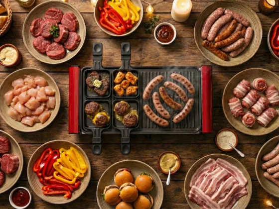 Rijkgevulde tafel met gourmetstel en diverse soorten vlees - Hoeveelheid gourmet per persoon