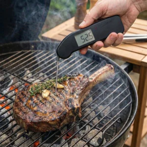 Thermapen handthermometer meet exact 52,5 graden kerntemperatuur (Medium-Rare) in een Tomahawk steak op de BBQ