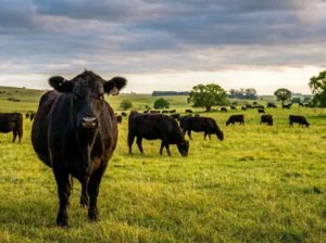 Een Black Angus koe van El Rancho kijkt in de camera, met de rest van de kudde grazend op de achtergrond.