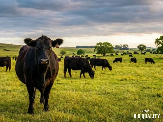 Een Black Angus koe van El Rancho kijkt in de camera, met de rest van de kudde grazend op de achtergrond.