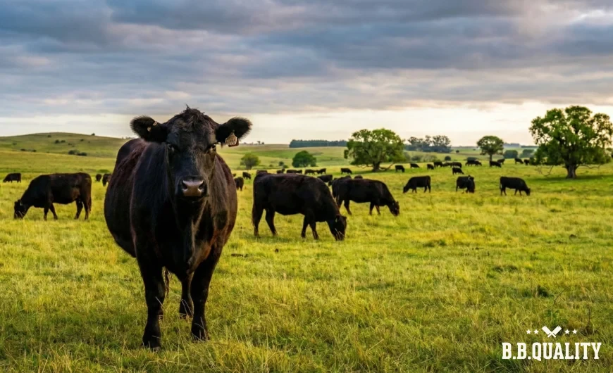 Een Black Angus koe van El Rancho kijkt in de camera, met de rest van de kudde grazend op de achtergrond.