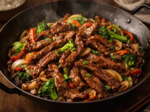 Angus beefstukreepjes gebakken in een heerlijk wokgerecht met perfect gewokte groenten