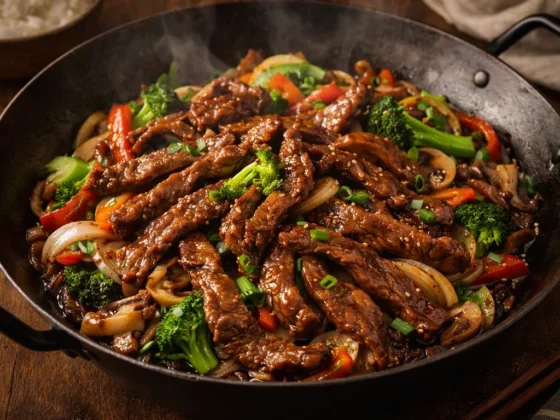 Angus beefstukreepjes gebakken in een heerlijk wokgerecht met perfect gewokte groenten