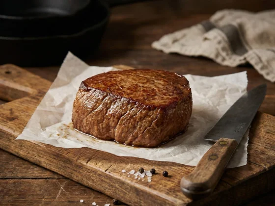 Angus kogelbiefstuk van de bbq op een houten plank met een slagerpapiertje