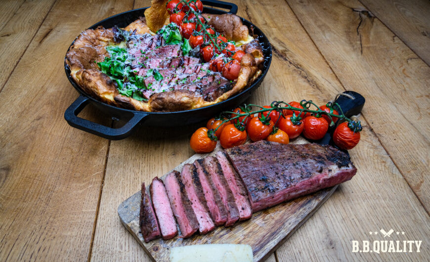 Bavette Vinkenlap El Rancho met Yorkshire pudding recept | Black Angus bavette/vinkenlap El Rancho Uruguay | SPG Rub | Beef tallow | Pecorino Romano | No Rubbish Hot Honey saus | MaikelsBBQ | BBQuality