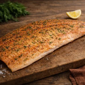 Mooi bereide zalmfilet met vel met viskruiden en dille