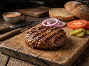 perfect gegrilde brisket burger van de bbq op een houten plank met ingredienten om een broodje hamburger te maken