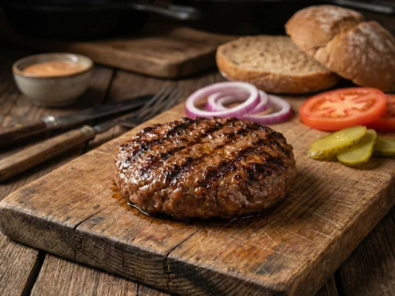 perfect gegrilde brisket burger van de bbq op een houten plank met ingredienten om een broodje hamburger te maken