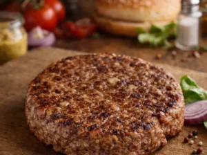Gegaarde beef burger patty van 150 gram op een houten plank