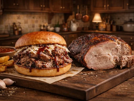 Broodje langzaam gegaarde pulled pork van een procureur of varkensnek van heyde hoeve