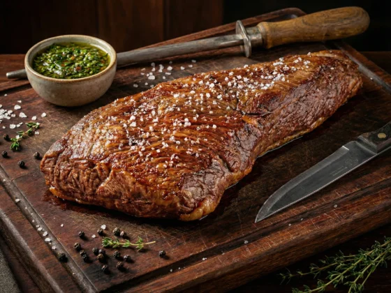 perfect gebakken maminha tierno tri-tip met chimichurri op een houten snijplank met peper en zout