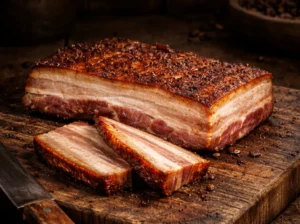 varkensbuik zonder zwoerd bereid op de bbq met gesneden plakjes