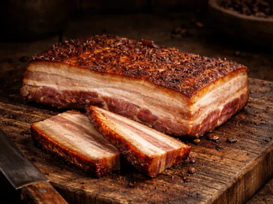 varkensbuik zonder zwoerd bereid op de bbq met gesneden plakjes