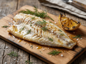 Dorade filet met huid op een ceder houten rookplankje met dille en citroen