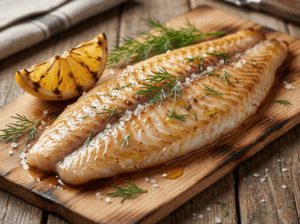 Pangasius filet op een ceder houten rookplankje met dille en citroen