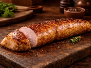 Perfecte gegaarde varkenshaas op een houten snijplank van topkwaliteit