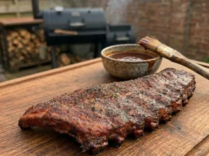 Sparerib met ketting op een rustieke snijplank van de bbq low & slow gegaard