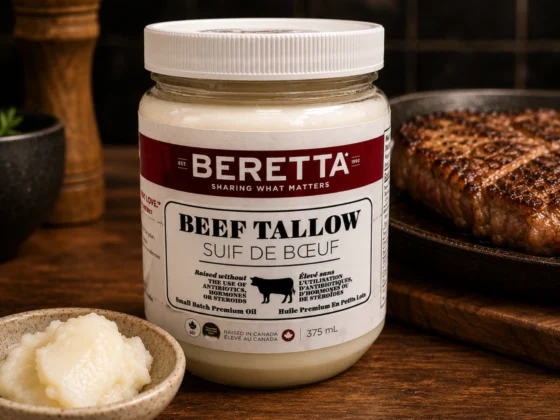 Grass fed beef tallow van Beretta Farms gemaakt van 100% grass fed niervet uit Canada in een glazen pot van 375 ml.