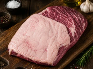 Angus bavette met vet uit Brazilië (Fraldinha) van 1953 by JBS met natuurlijke vetlaag op een rustieke houten snijplank.