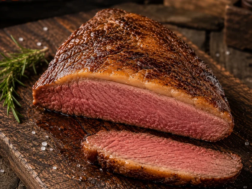 Wagyu picanha tips uit het Verenigd Koninkrijk van Dovecote Park met fijne vetmarmering, medium rare gegrild op een houten snijplank.
