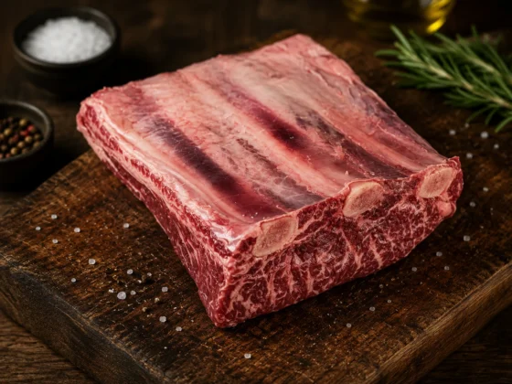 Rauwe Wagyu short ribs uit het Verenigd Koninkrijk van Dovecote Park met natuurlijke vetmarmering op een rustieke houten snijplank.