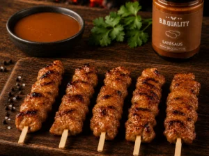 Kipdijspies 5 stuks van gemarineerde kipdijfilet bereid op de BBQ