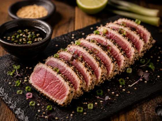 Getrancheerde tonijn saku tataki van geelvintonijn met sesam en bosui, bereid op Japanse wijze.