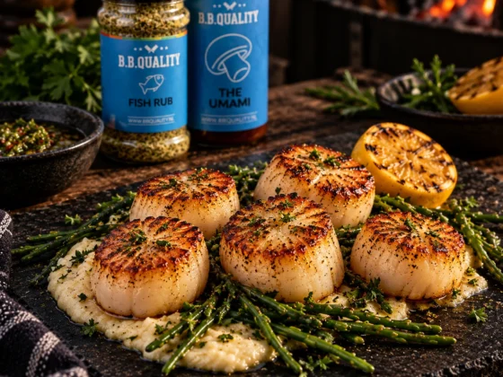 Japanse coquilles goudbruin gebakken met zeekraal en knolselderijpuree