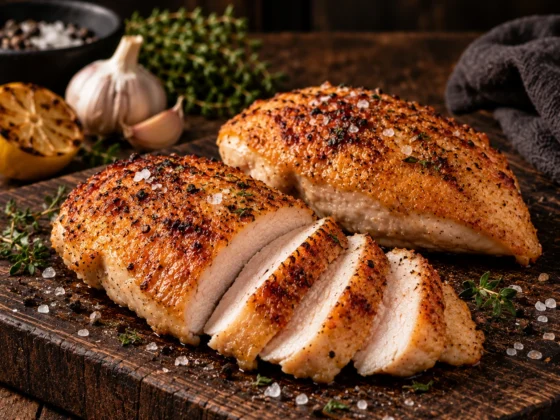 Bereide Hoeve Hoen kipfilet met krokant vel op een houten plank