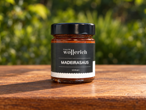 Pot Madeirasaus Wollerich met zwarte deksel op een houten tafel tegen een groene achtergrond