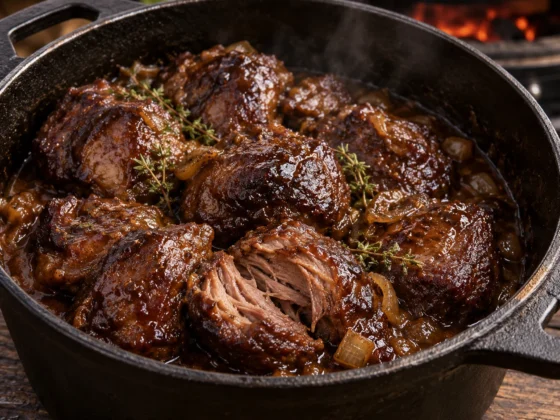 Langzaam gegaarde varkenswangen met donkere jus in een gietijzeren Dutch oven bij de BBQ
