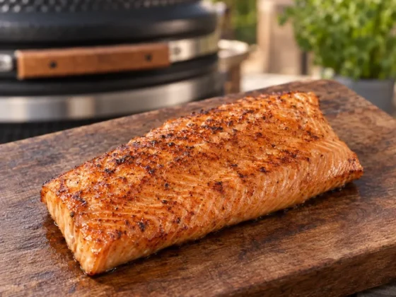 Bereide zalmhaas zonder huid op een houten plank, met een kamado op de achtergrond