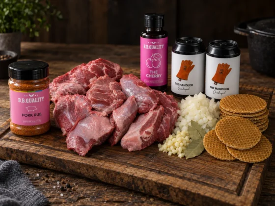 BBQuality Daelmans varkenswangen stoofpakket met rauwe varkenswangen, stroopwafels, quadrupel bier, Pork rub en The Cherry