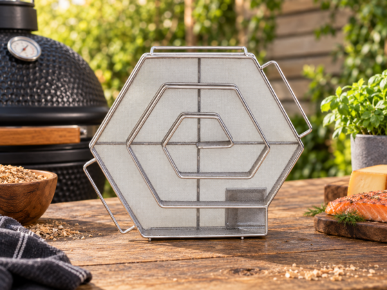 Cold Smoke Generator naast een kamado met rookmot, gerookte zalm en kaas