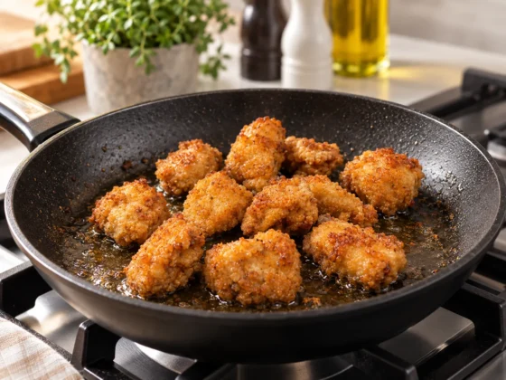 Goudbruin gebakken Crispy Chicken Bites met krokante coating, bereid in de pan