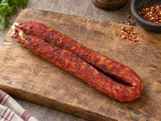 Droge metworst chorizo van Dreug in transparante verpakking met rood etiket