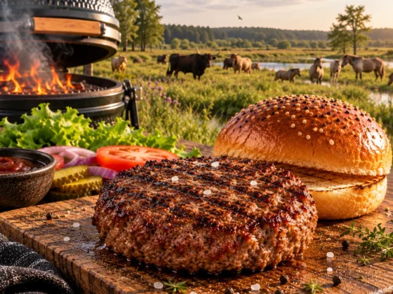 Gegrilde Grazelands burger met briochebroodje en BBQ, met grazende runderen en paarden in een natuurlijk landschap.