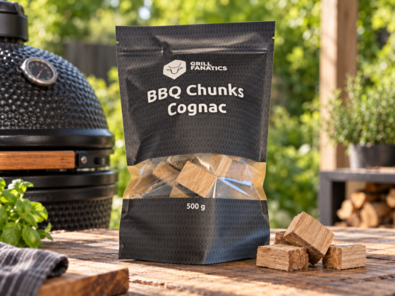 Rookchunks Cognac van Grill Fanatics met cognac rookhout naast een kamado