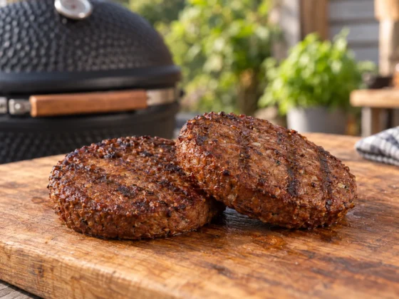 Twee Juicy vegan burgers met een bruin korstje, bereid op de BBQ