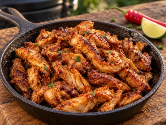 Gebakken kipdijreepjes piri-piri in een gietijzeren pan met rode peper en limoen ernaast