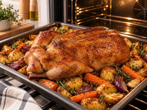 Hele Peking eend bereid in de oven op een braadslede met geroosterde aardappelen en groenten.