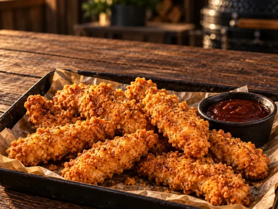 Goudbruine Texas chicken strips op bakpapier in een zwarte schaal met een schaaltje BBQ-saus